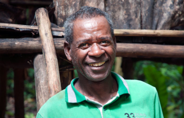 Raja Ampat (Gam Island) guide Simon Kolomsusu pictured at Alfred Wallace's campsite